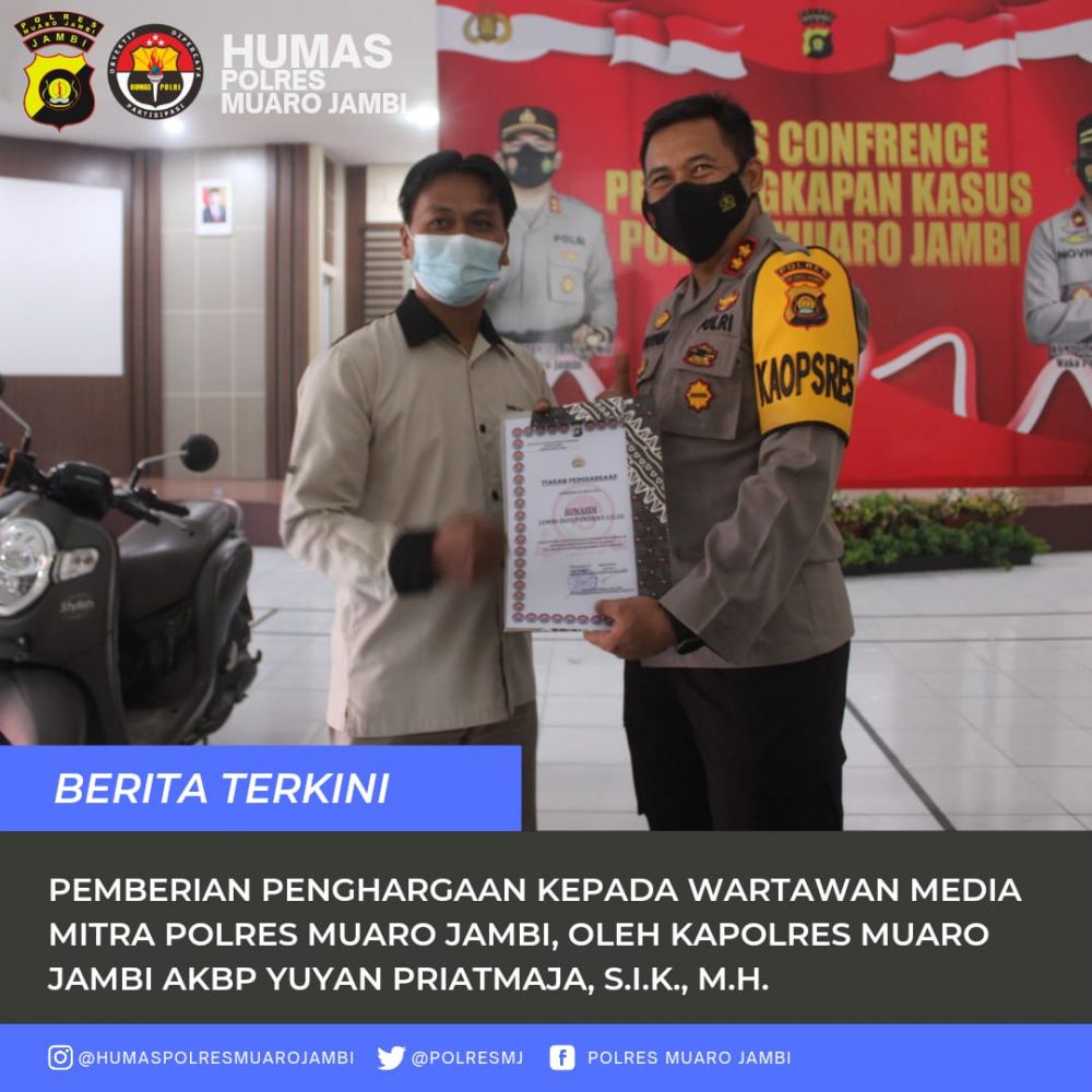 Jurnalis Jambi Independent Terima Penghargaan dari Kapolres Muarojambi 