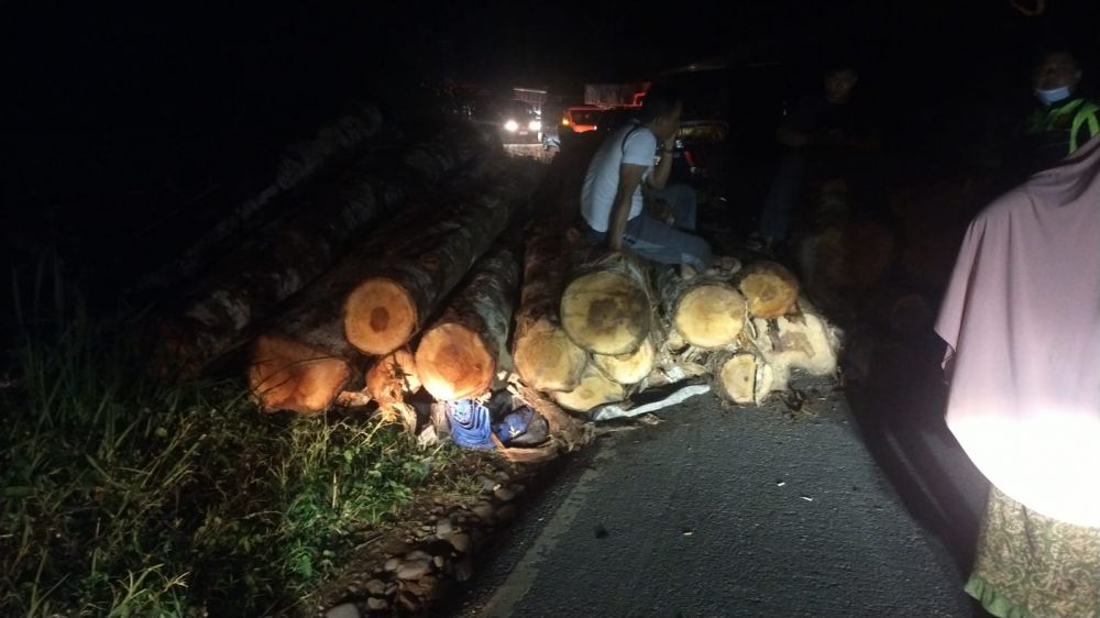 Mobil Truk Muatan Kayu Terbalik di Merangin, Jalan Bangko-Kerinci Lumpuh