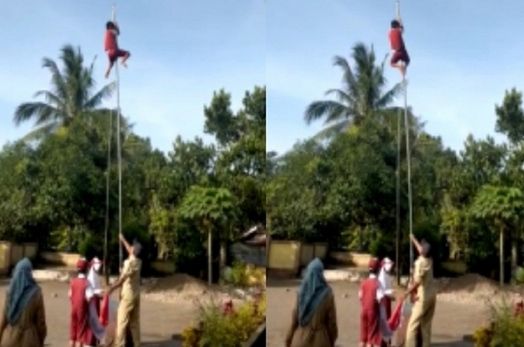 Pelajar SD di Lombok Panjat Tiang Bendera Selamatkan Pengibaran Merah Putih