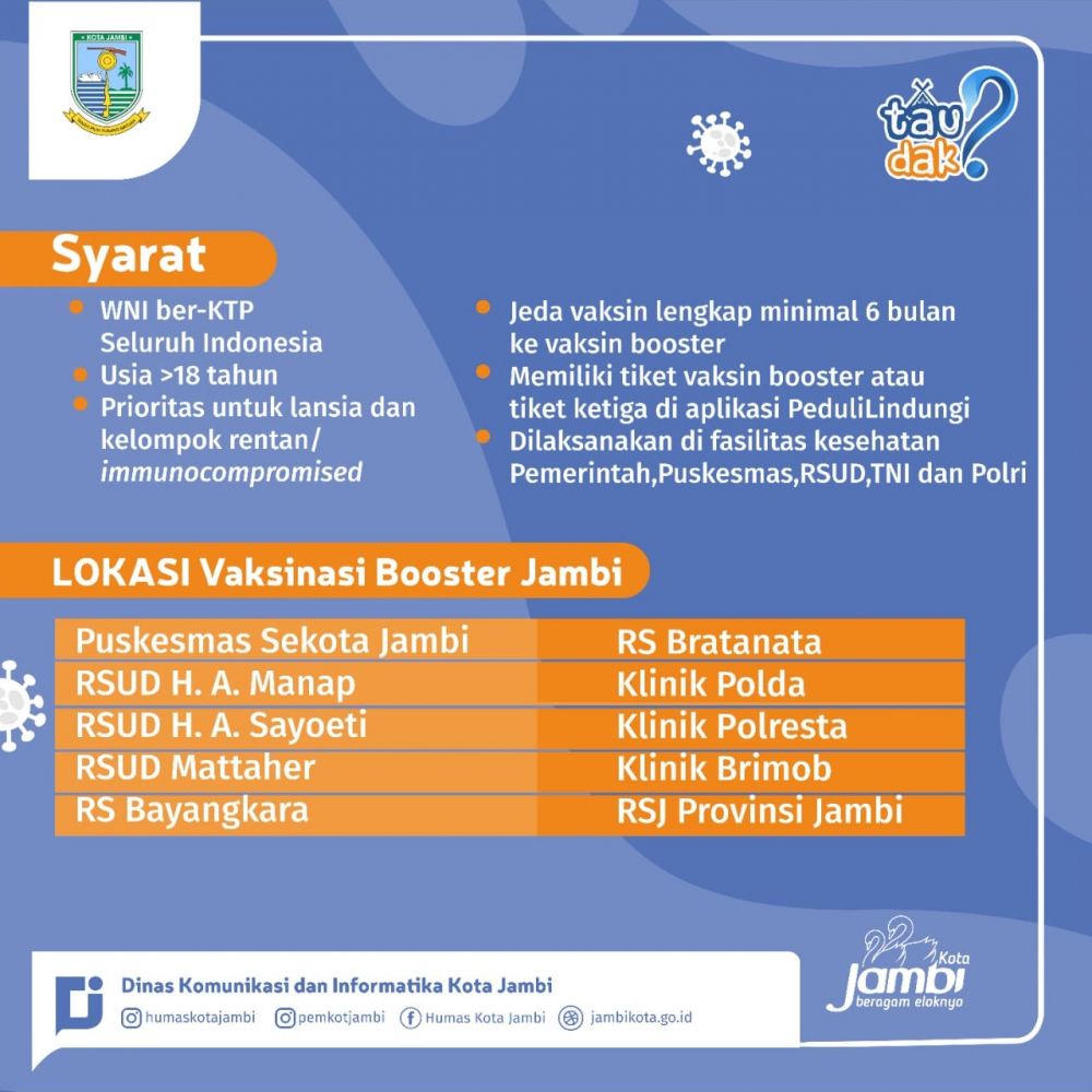 Ini Syarat dan Lokasi Vaksin Booster Covid-19 di Kota Jambi