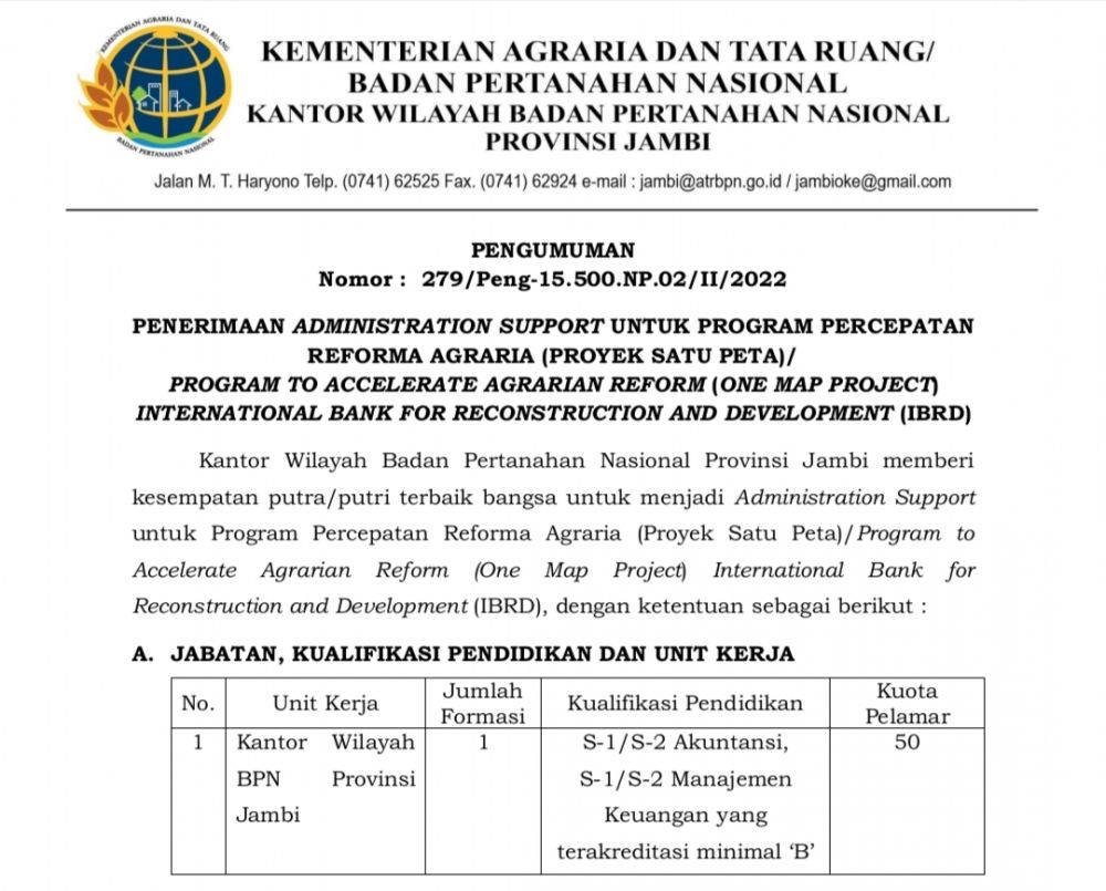 Kantor Wilayah BPN Provinsi Jambi Buka Lowongan Kerja, Buruan Daftar!