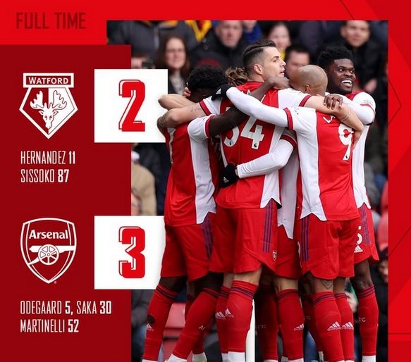 Arsenal Menang 3-2 dari Watford Untuk Duduki Empat Besar