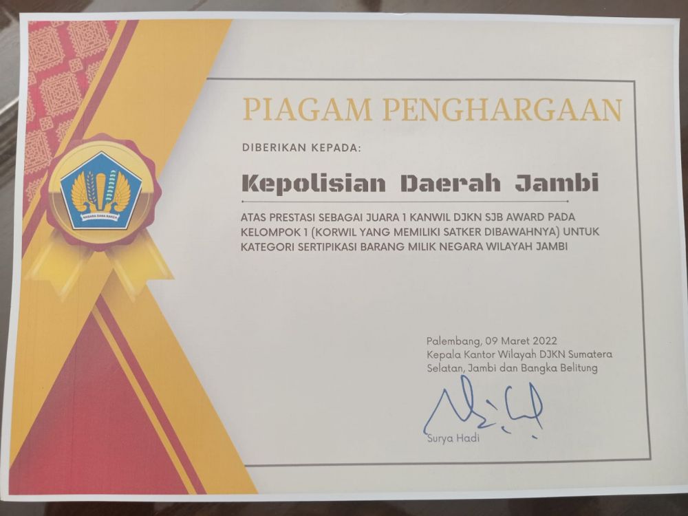 Polda Jambi Terima Penghargaan dari DJKN Provinsi Sumsel, Jambi dan Bangka Belitung Kemenkeu RI