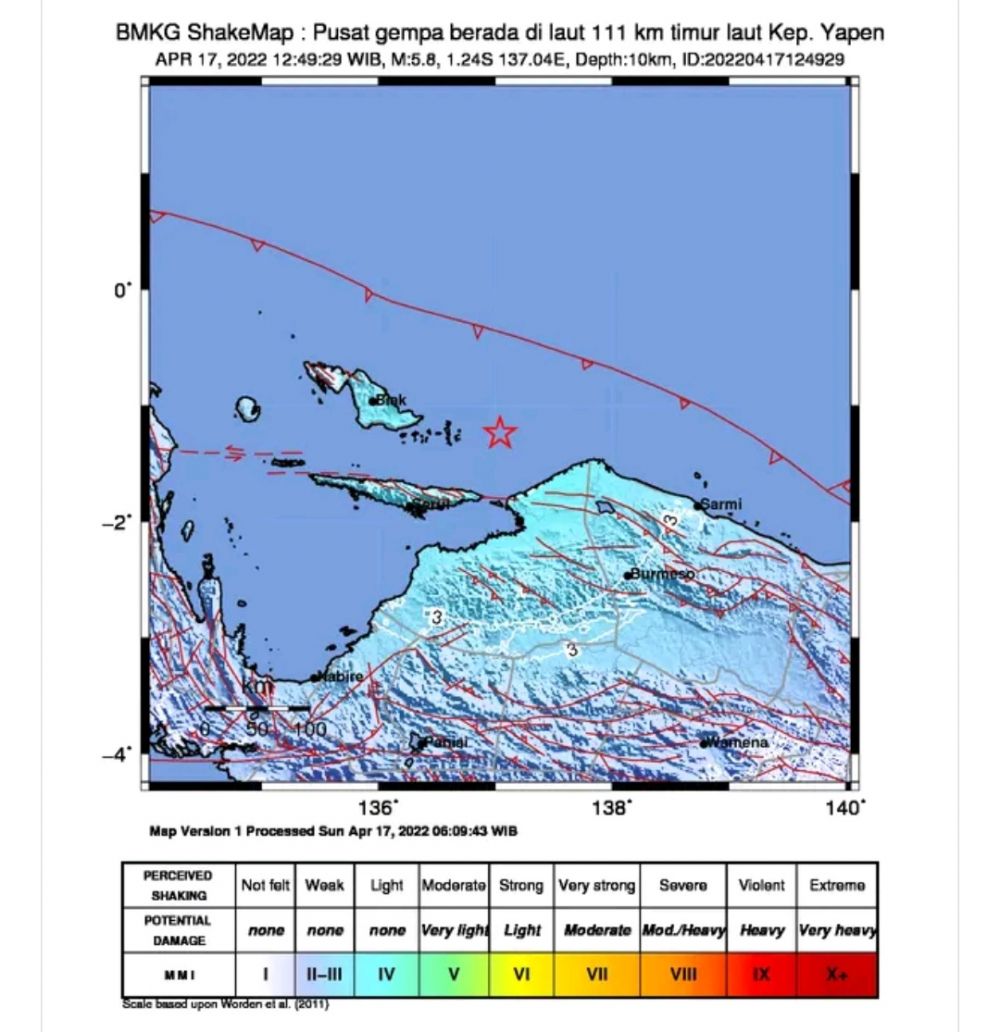 Gempa Magnitudo 5,8 Guncang Wilayah Yapen Papua, Tak Berpotensi Tsunami. 
