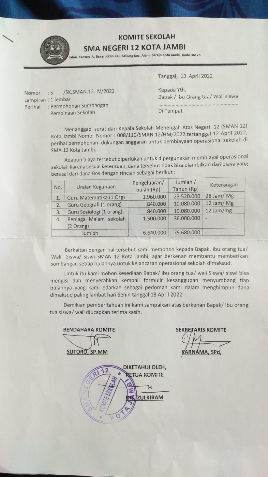 Minta Sumbangan ke Wali Murid,  SMAN 12 Kota Jambi Mengatasnamakan Komite Sekolah