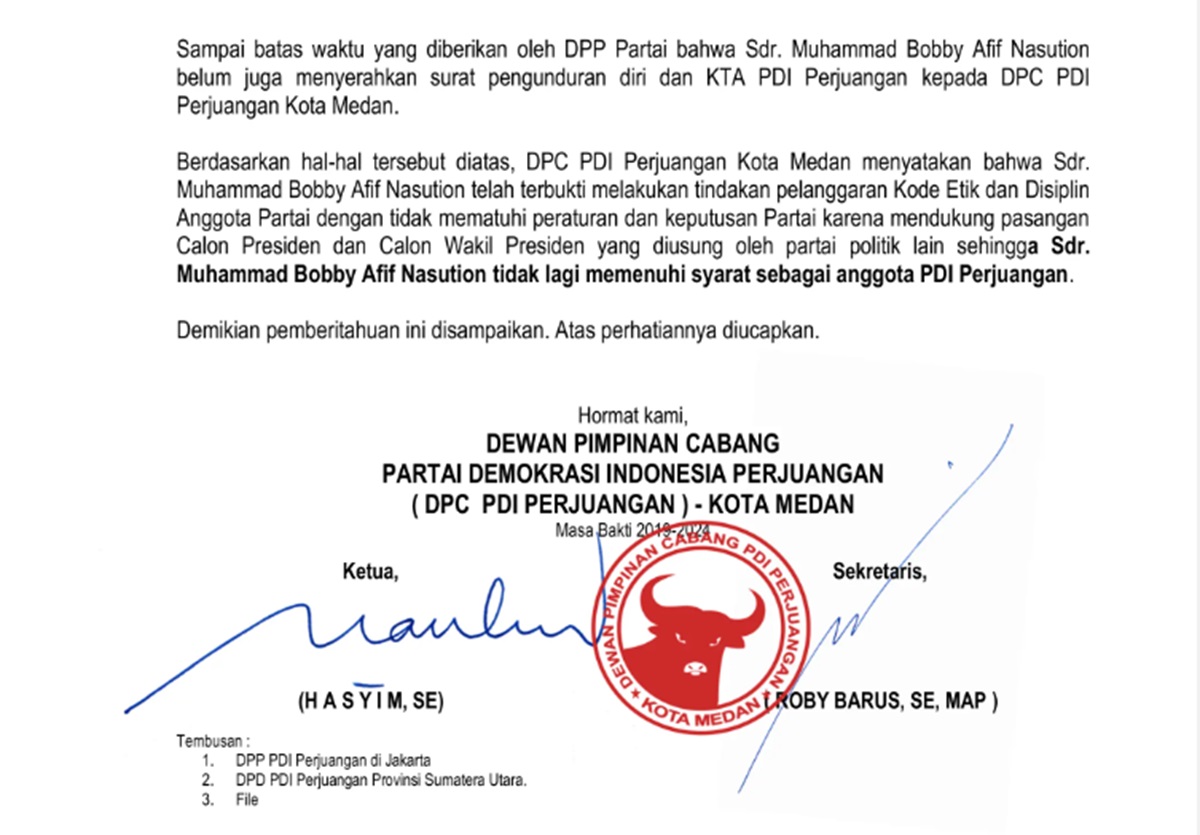 Dukung Pasangan Prabowo-Gibran, PDIP Medan Pecat Menantu Presiden Jokowi, Bobby Nasution