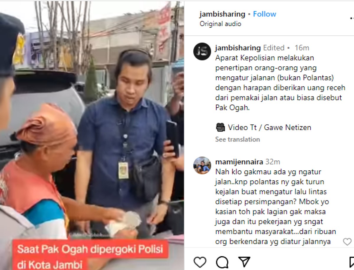 Viral Video Pak Ogah di Jambi Ditertibkan, Netizen:  Artinya Polantas yang Ngatur Lancarnya Setiap Putaran