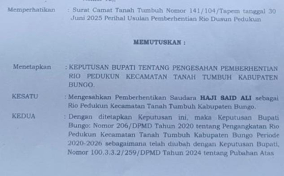 Terungkap! Ini Alasan Bupati Bungo Pecat Kades Pedukun 