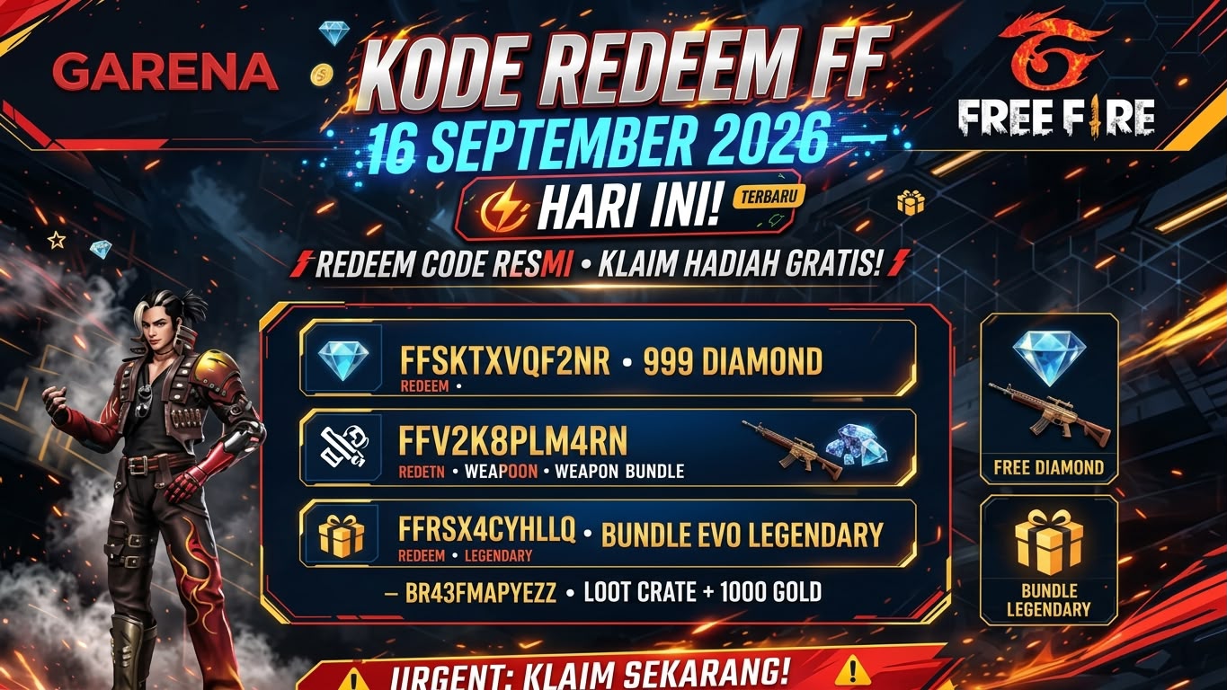 Kode Reedem FF 16 September 2026, Kode Aktif Klaim Diamond dan Skin Gratis!