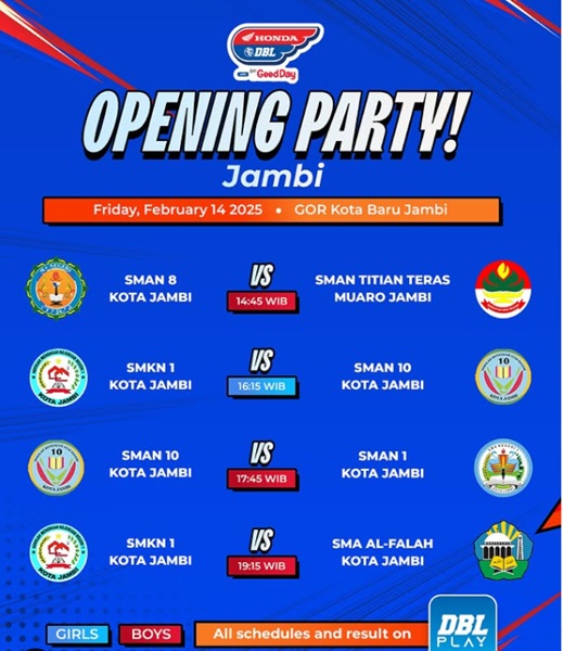 Saksikan Opening Party Honda DBL with Kopi Good Day 2025 Jambi, Simak Jadwal Pertandingan Hari Ini