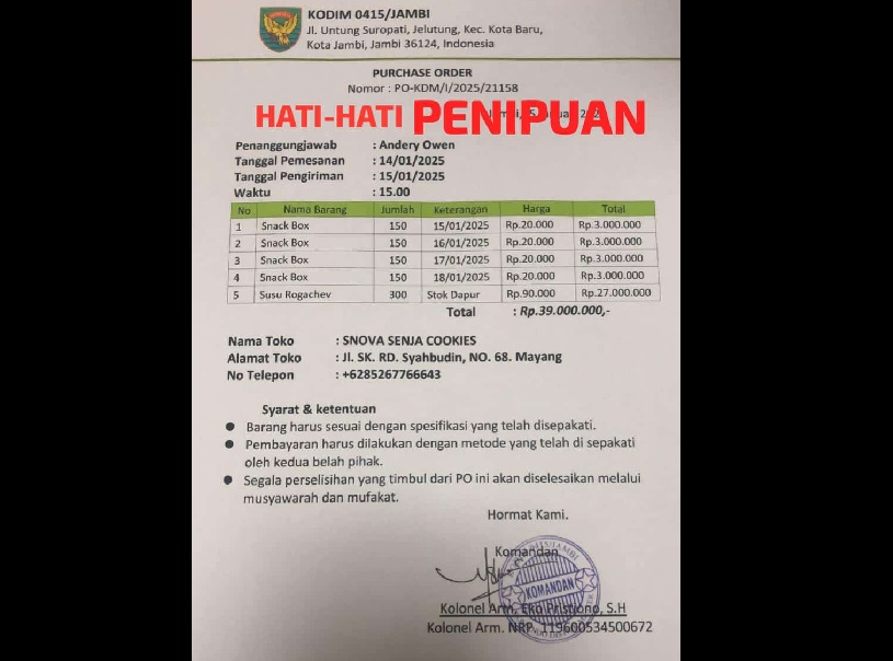 Nama Kodim 0415/Jambi Dicatut untuk Program Makan Bergizi Gratis, Pelaku Usaha Diminta Waspada