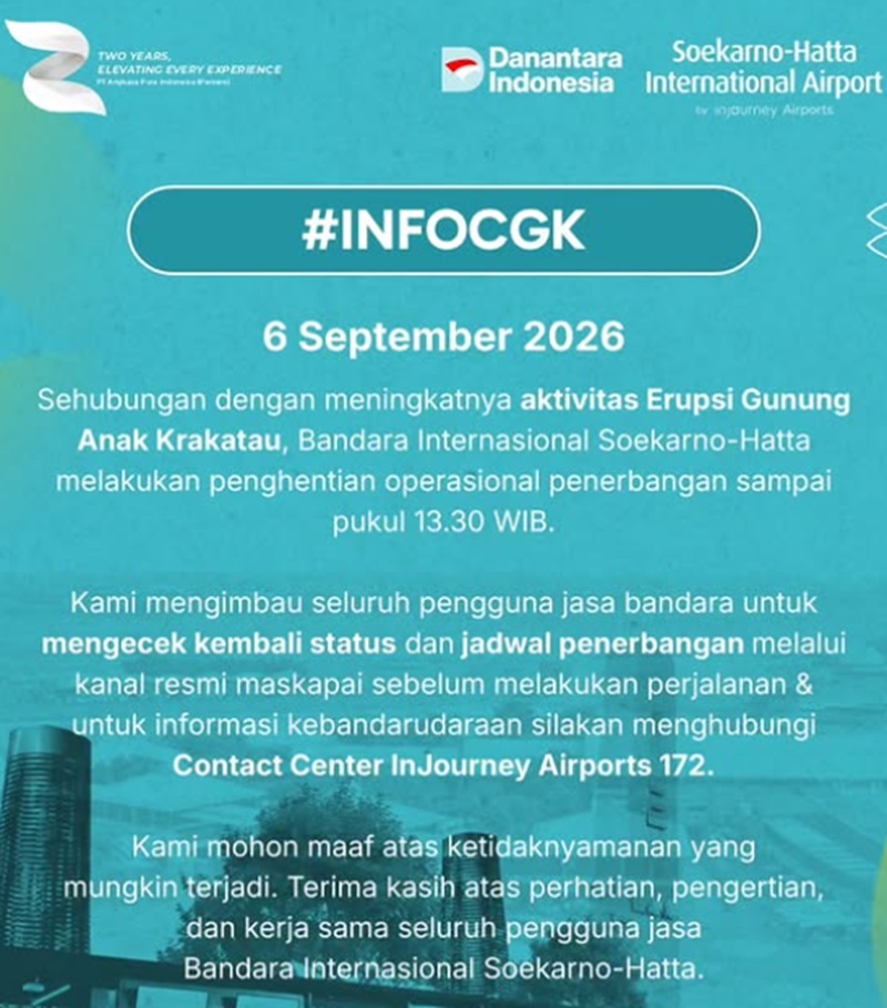 Erupsi Gunung Anak Krakatau, Bandara Soekarno-Hatta Hentikan Operasional Penerbangan sampai 13.30 WIB