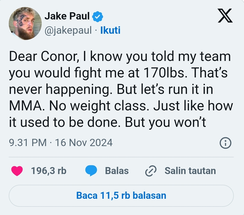 Jake Paul Menang Atas Mike Tyson, Kini Tantang Conor McGregor di MMA