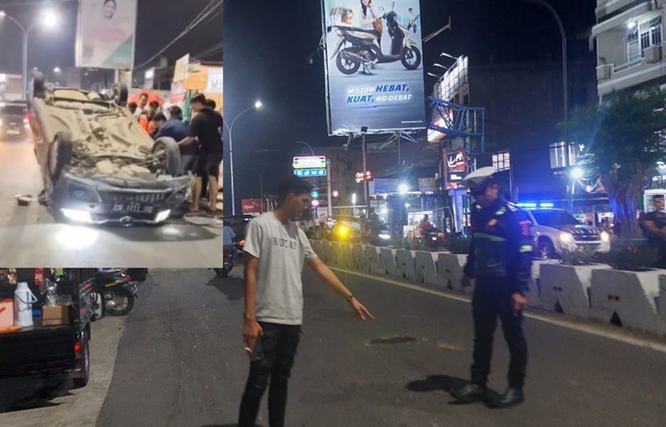 Widiih! Mau Belok dan Putar Arah, Mobil Brio Terbalik di Sipin