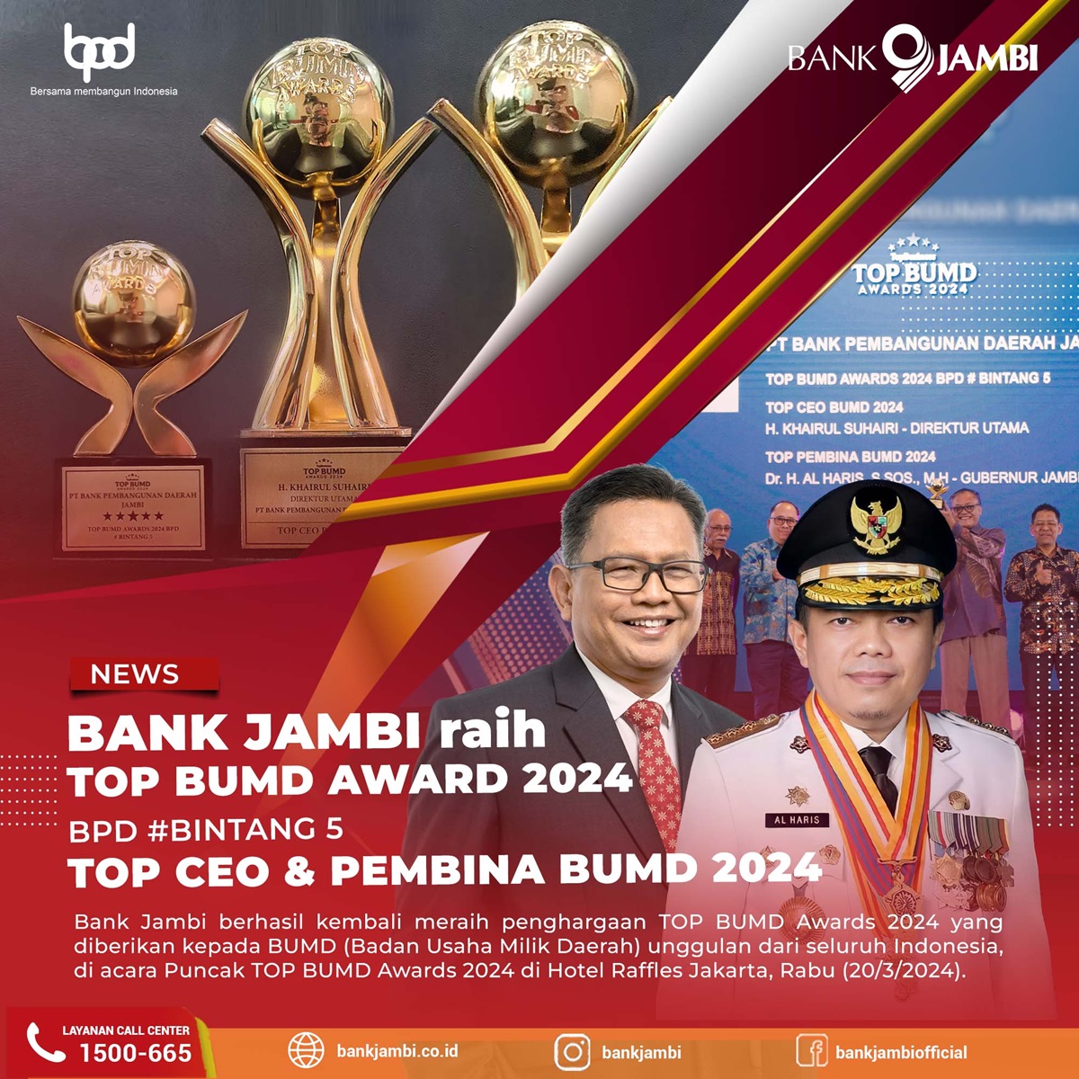 Bank Jambi Raih 3 Penghargaan TOP BUMD AWARD 2024