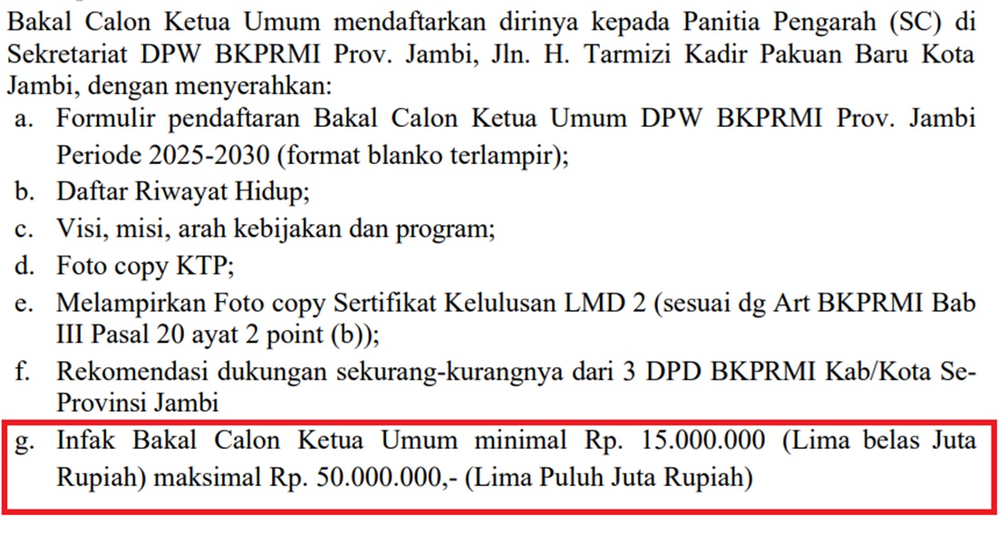 Wow, Syarat Bakal Calon Ketua Umum DPW BKPRMI Provinsi Jambi: Infak Rp15 Juta - Rp50 Juta