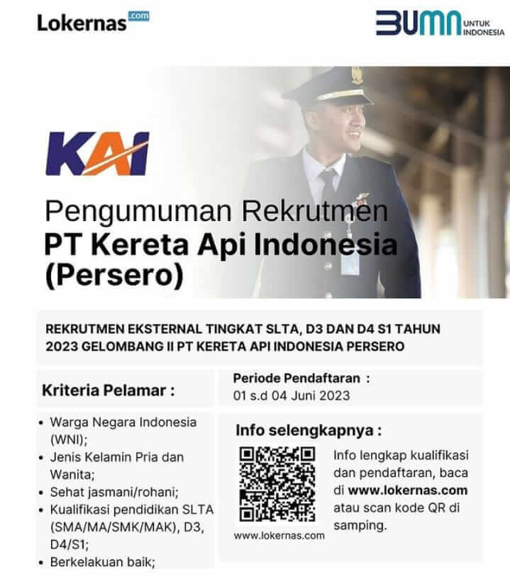 Loker BUMN 2023, PT Kereta API Indonesia Buka Lowongan untuk Tamatan SMA hingga S1, Yuk Buruan Daftar..