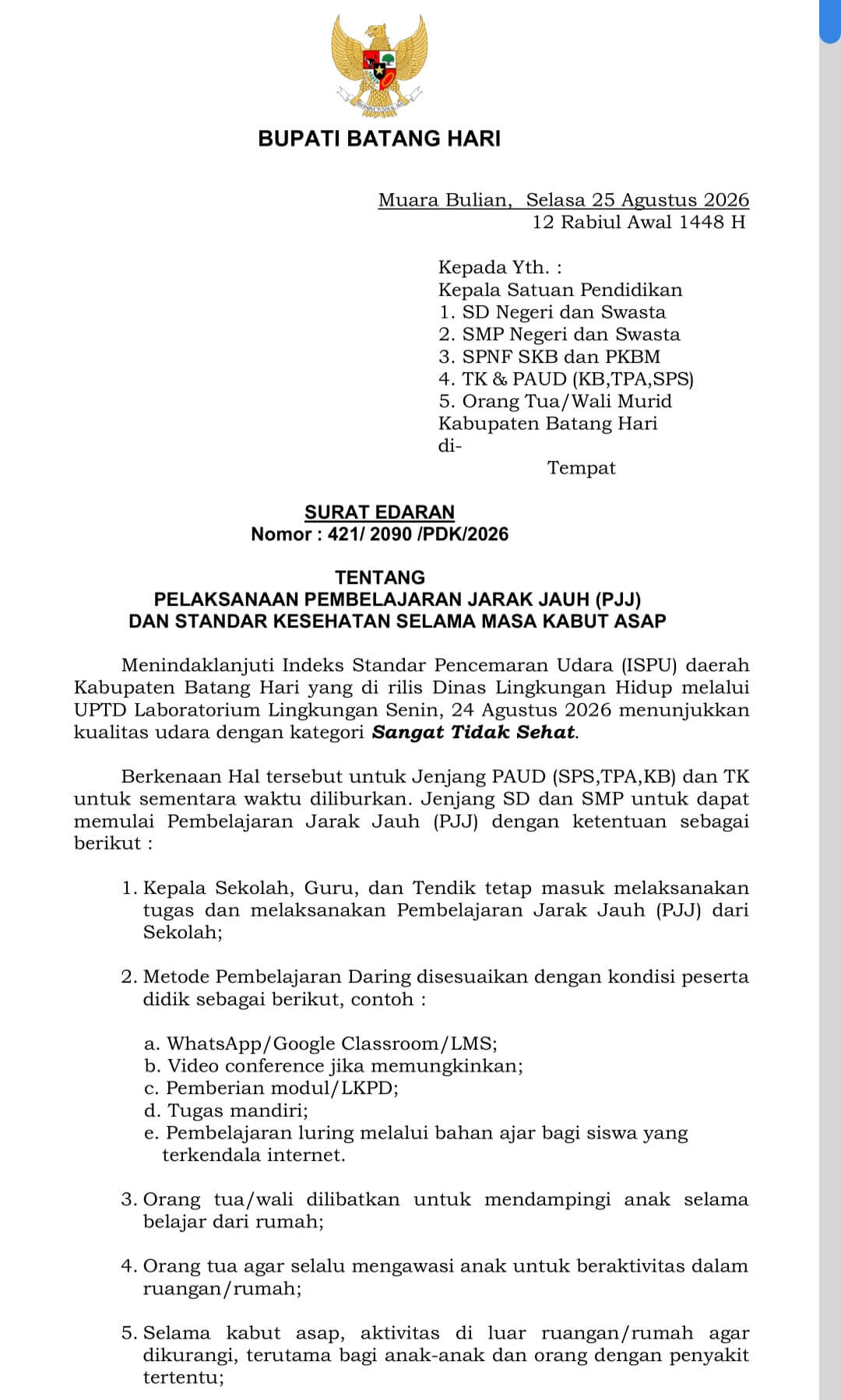 Kabut Asap Memburuk, Bupati Batang Hari Keluarkan Edaran Sekolah Daring untuk Siswa