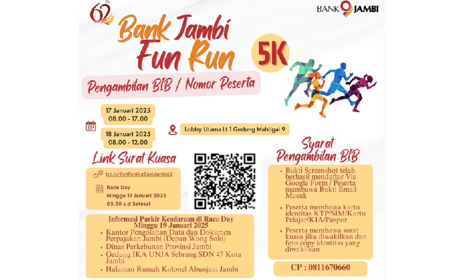 Jangan Lupa, Ini Jadwal Pengambilan Nomor Dada Bank Jambi Fun Run 5K, serta Tata Tertib dan Rute