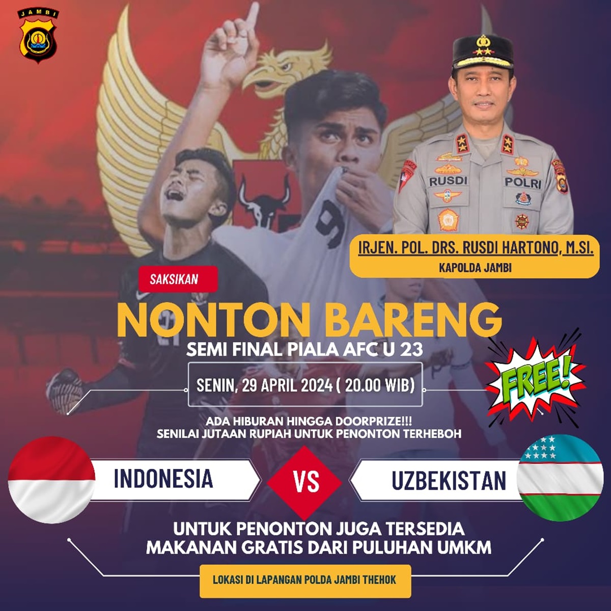 Jangan Lewatkan, Polda Jambi Gelar Nobar Piala Asia U-23 Indonesia Vs Uzbekistan