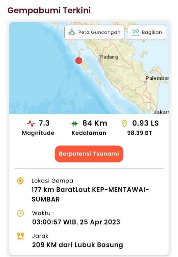 Sumbar Dilanda Gempa Magnitudo 7,3,  BMKG Sempat Keluarkan Peringatan Tsunami, Pusat Gempa di Mentawai