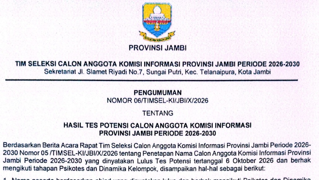 Seleksi KI Jambi Masuk Tahap Berikutnya, Ini Jadwal Psikotes dan Kesempatan Masyarakat Beri Masukan