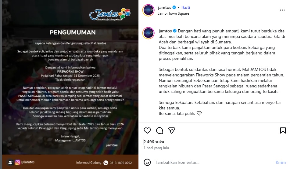 Jamtos Tiadakan Pesta Kembang Api Tahun Baru, Bentuk Solidaritas untuk Korban Bencana Sumatra