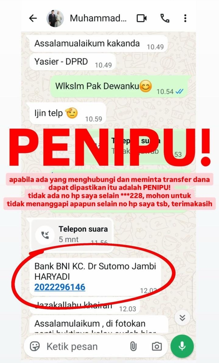 Nama Wakil Ketua DPRD Kota Jambi Dicatut, Masyarakat Diminta Lebih Waspada