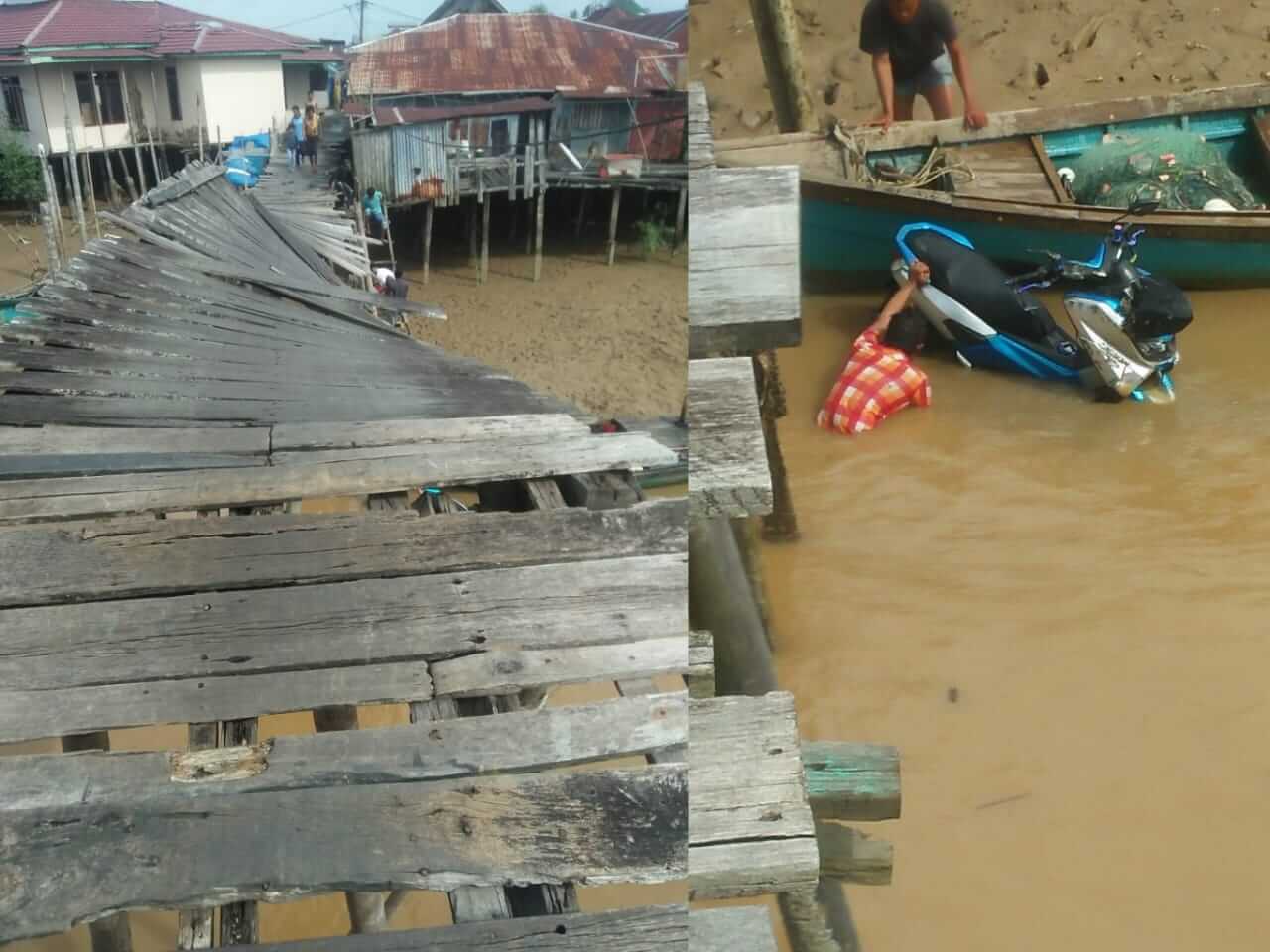 Waduh..!! Jembatan Kayu di Tanjab Timur Tiba Tiba  Patah, Seorang Pengendara Motor Terjatuh ke Sungai