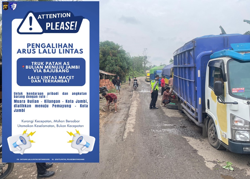 BREAKING NEWS: Macet 10 KM di Kilangan Batang Hari Akibat Truk Patah As, Pengemudi Diimbau Pakai Jalur Lain