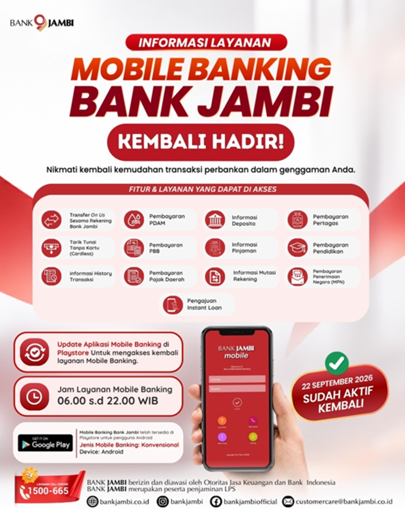 Mobile Banking Bank Jambi Kembali Aktif, Nasabah Diimbau Segera Perbarui Aplikasi