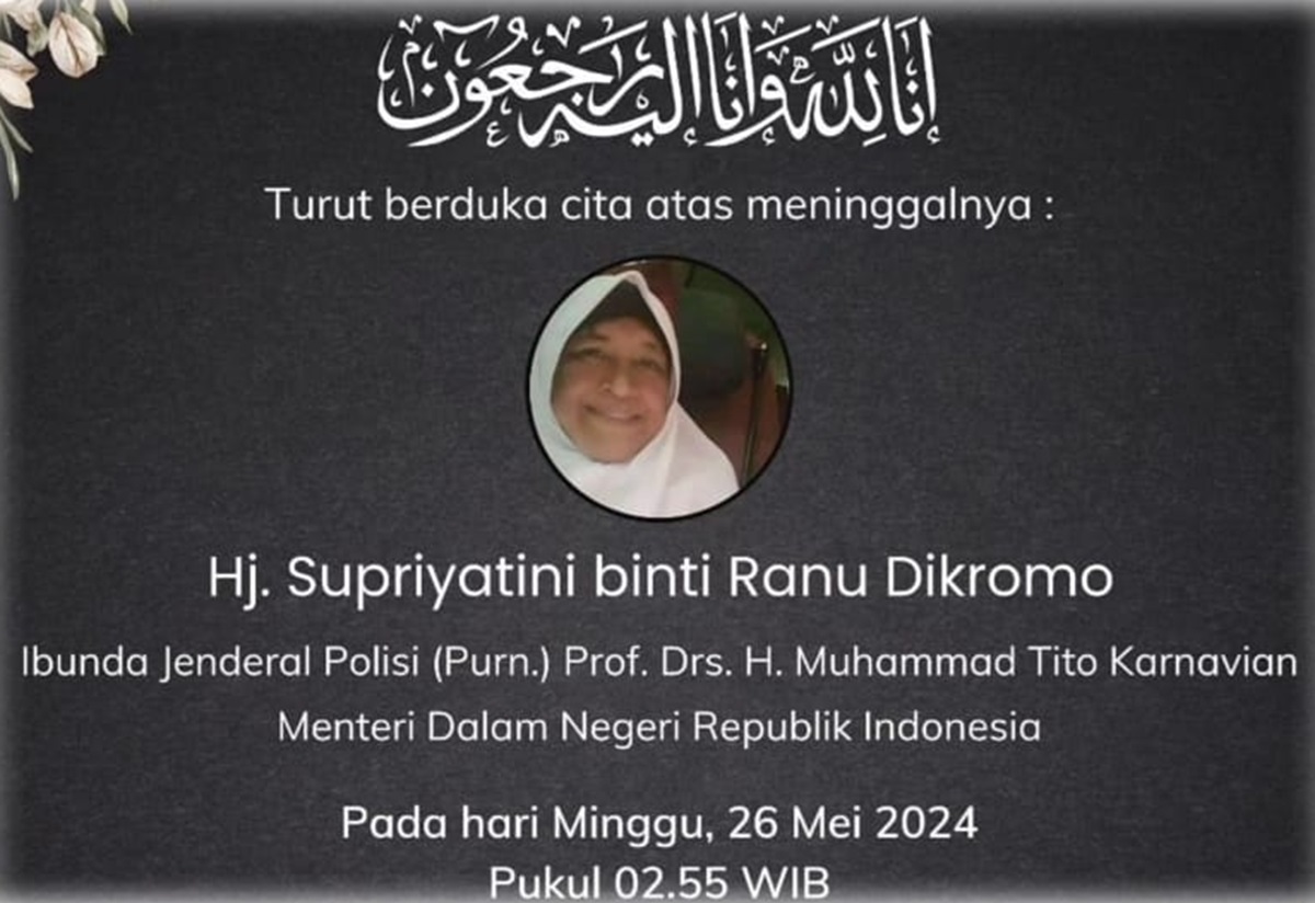 Innalillahi, Ibu Mendagri Tito Karnavian Meninggal Dunia, Dimakamkan di Kebun Bunga Palembang