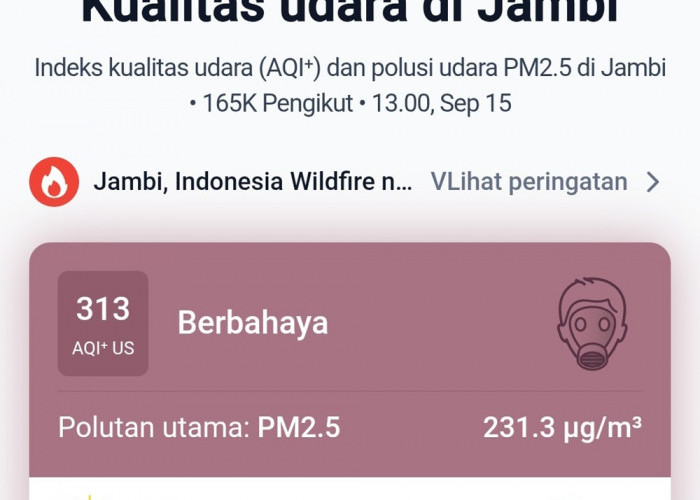 Siang ini AQI Kota Jambi Tembus 313! Udara Masuk Kategori Berbahaya