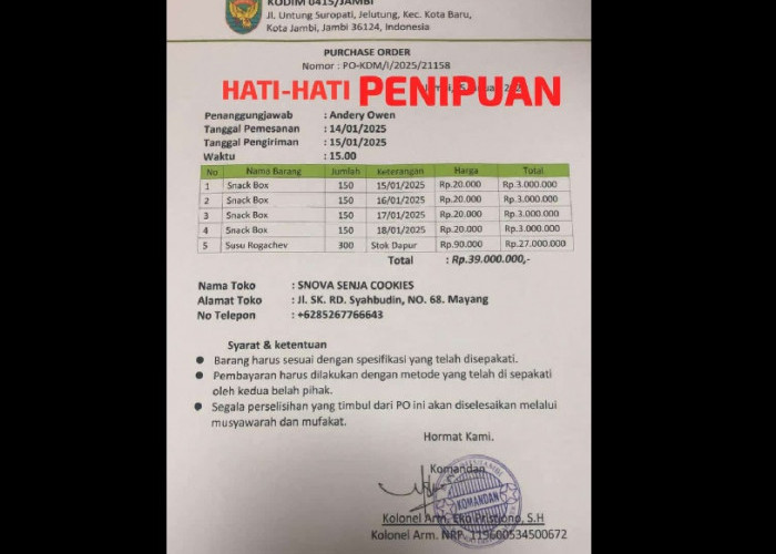 Nama Kodim 0415/Jambi Dicatut untuk Program Makan Bergizi Gratis, Pelaku Usaha Diminta Waspada