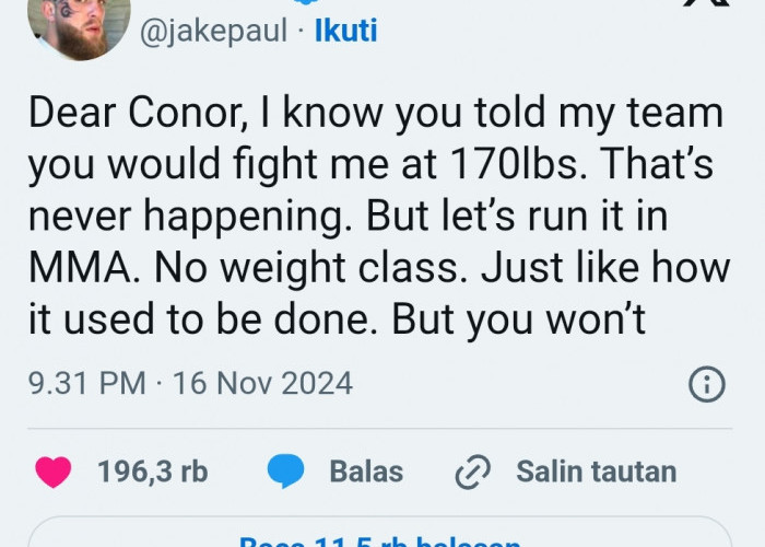 Jake Paul Menang Atas Mike Tyson, Kini Tantang Conor McGregor di MMA