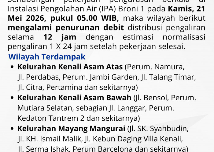 Pengurasan IPA Broni 1 Dilaksanakan Kamis, Distribusi Air di Sejumlah Wilayah Terganggu