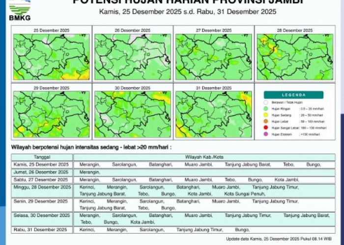 Cuaca Jambi Tak Menentu, BMKG Rilis Prakiraan Hujan Harian dan 3 Harian