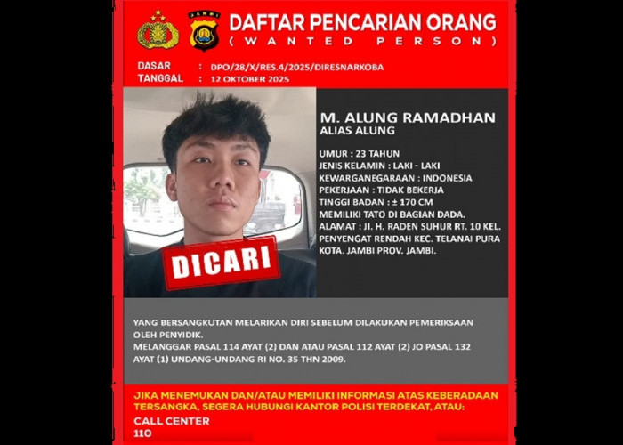 Ini Wajah Buronan Narkoba Polda Jambi! Pria 23 Tahun Bertato di Dada Ini Masuk DPO