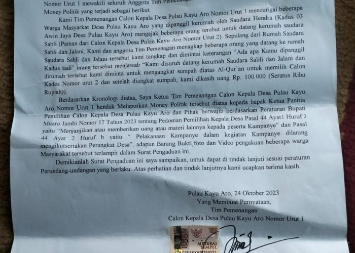 Pilkades Pulau Kayu Aro Tercium Money Politik, Paslon Nomor Urut 1 Laporkan ke Polres Muaro Jambi 