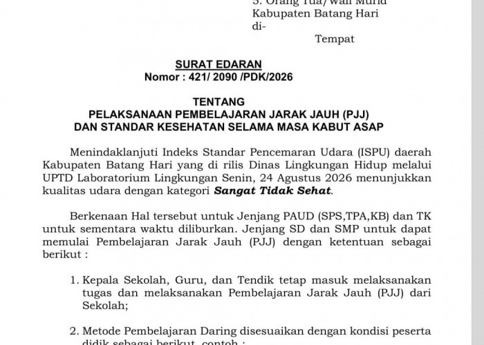 Kabut Asap Memburuk, Bupati Batang Hari Keluarkan Edaran Sekolah Daring untuk Siswa