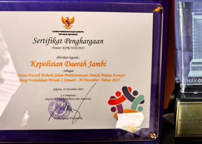 Keren! Polda Jambi Terima Penghargaan dari KPK, Terbaik Dalam Pemberantasan Korupsi se-Indonesia