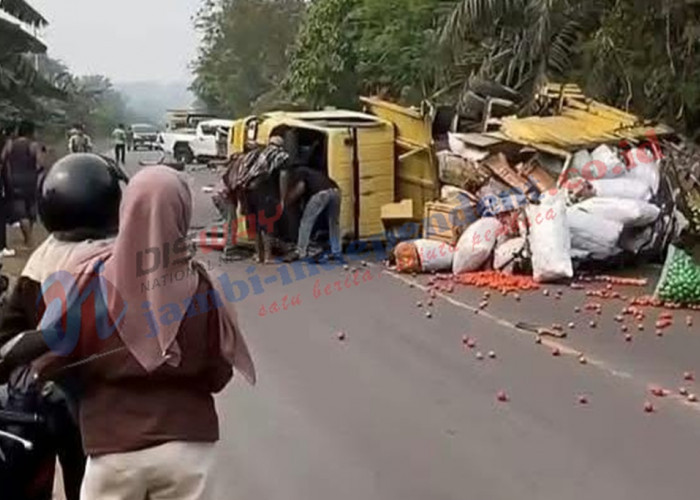 Kecelakaan di Jalinsum Bungo! Truk Sayur Terbalik Usai Tabrakan dengan Hilux, Muatan Berserakan di Jalan