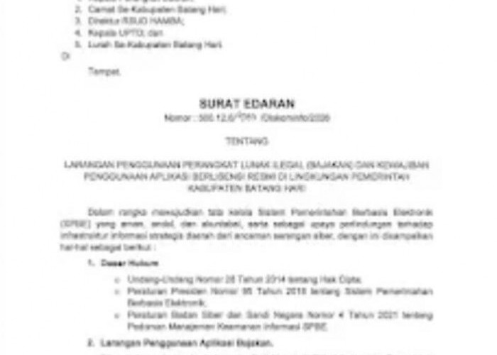 Pemkab Batang Hari Larang Penggunaan Perangkat Lunak Bajakan, Keluarkan Surat Edaran 