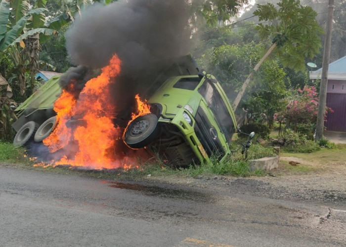 Turbo Diduga Meledak, Dump Truck Hino Terbakar hingga Masuk Parit di Jalan Lintas Sumatera Bungo