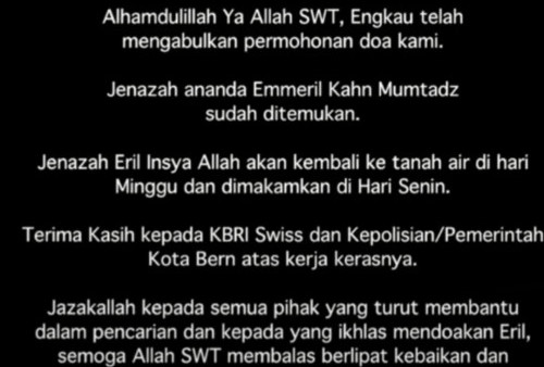 Jenazah Eril Akan Dimakamkan di Indonesia, Ridwan Kamil: Sungguh Tuhanku Kami Tenang Sekarang