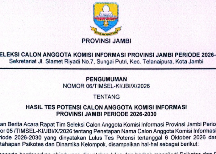Seleksi KI Jambi Masuk Tahap Berikutnya, Ini Jadwal Psikotes dan Kesempatan Masyarakat Beri Masukan