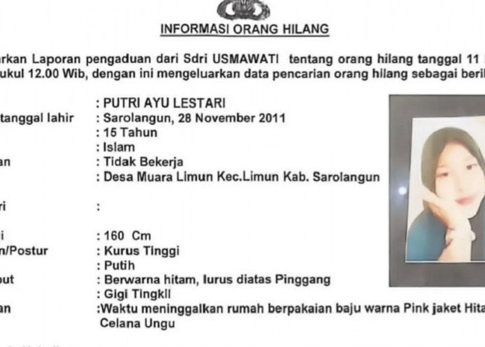 Dicari! Remaja 15 Tahun di Sarolangun Dilaporkan Hilang, Tinggalkan Rumah Saat Orang Tua Bekerja