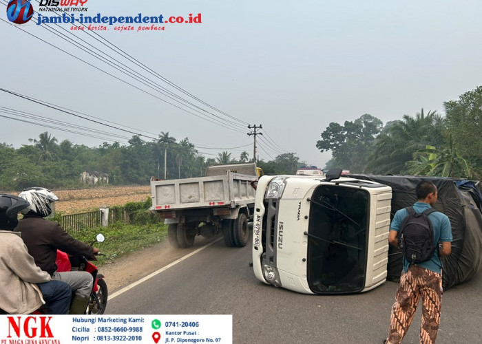 Ban Belakang Pecah di Jalan Pemayung-Muara Bulian, Mobil Pengangkut Sembako Oleng hingga Terguling