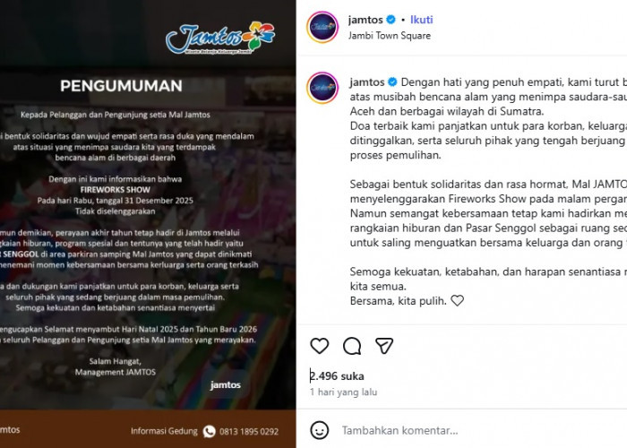 Jamtos Tiadakan Pesta Kembang Api Tahun Baru, Bentuk Solidaritas untuk Korban Bencana Sumatra