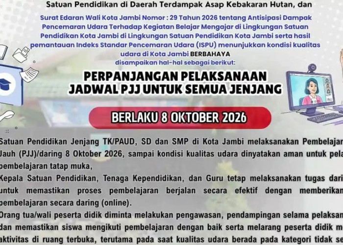 Kualitas Udara Memburuk, PJJ Sekolah di Kota Jambi Diperpanjang Mulai 8 Oktober